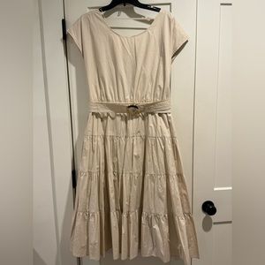 Gibson Latimer khaki high waist dress with tortoise belt. V-neck in the back.